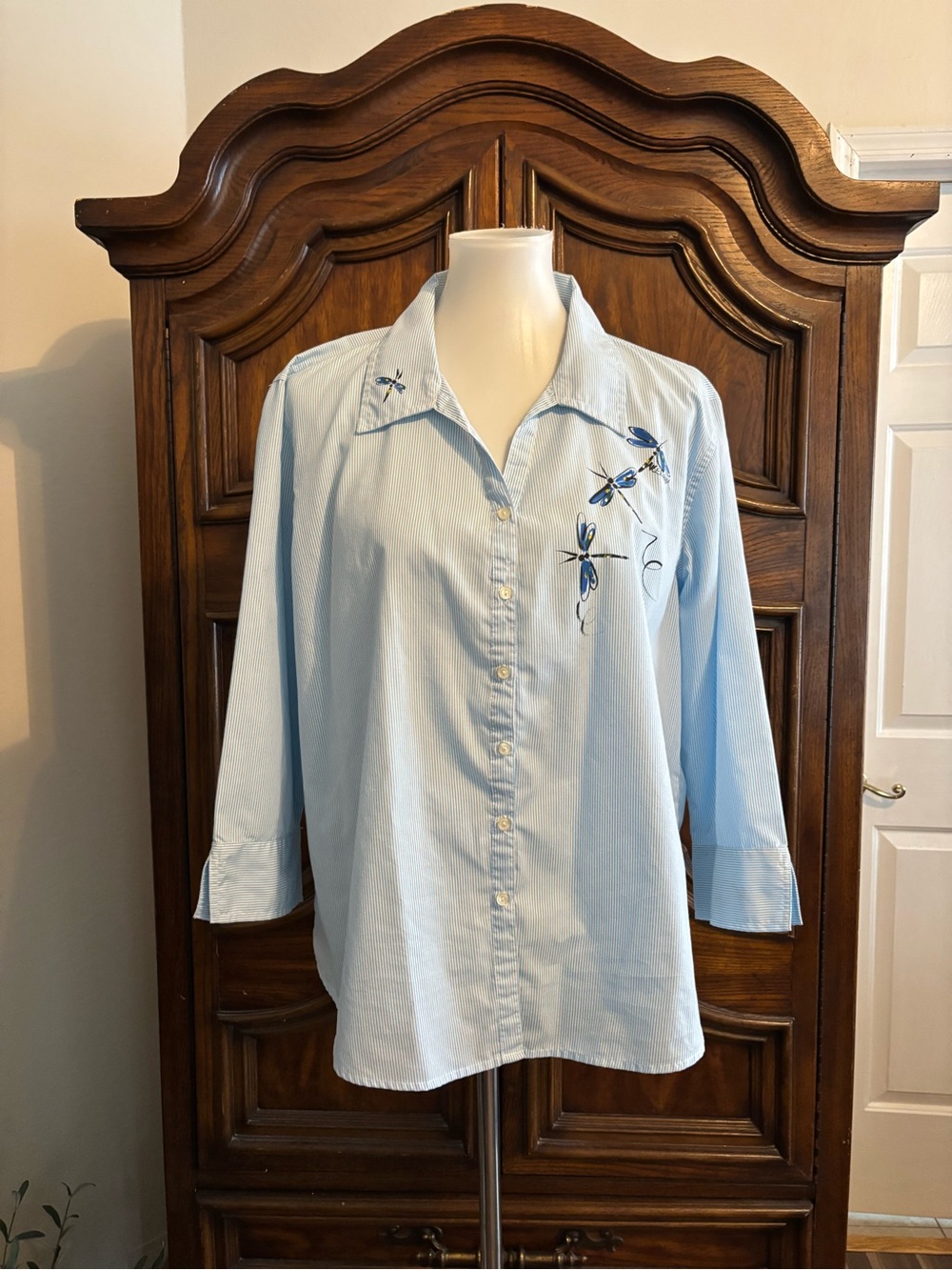 Isaac's design striped button-up shirt with dragonflies